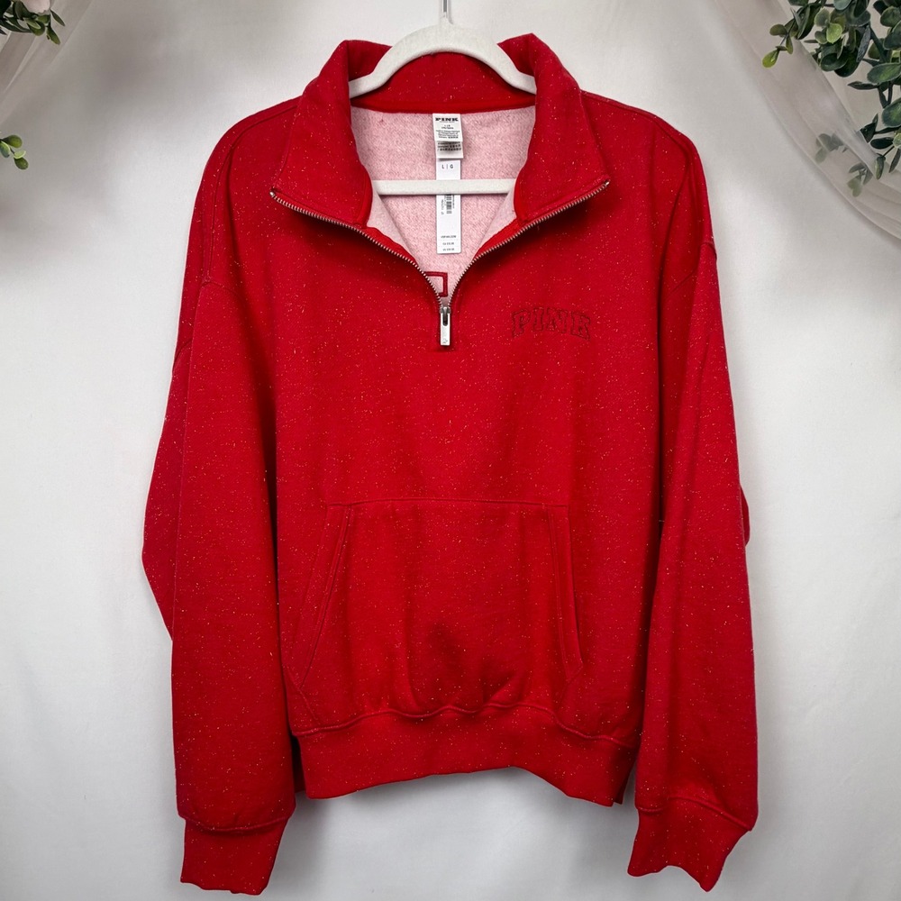 Victoria's Secret PINK Red Gold Sparkle Quarter Zip Fleece Sweatshirt Large